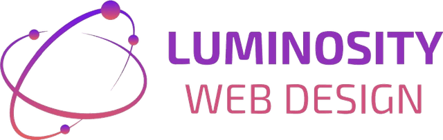 The logo of Luminosity Web Design, two rings intertwining eachother with the text of Luminosity Web Design to the right of the logo and colorized by a gradient purple and pinkish color, reflecting digital creativity.